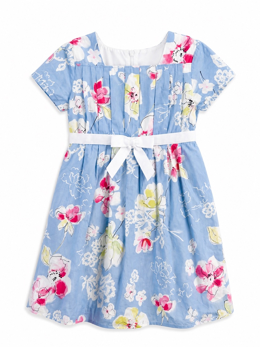 Hanna Andersson Girls' Blue Floral Cotton Dress with White Bow 110